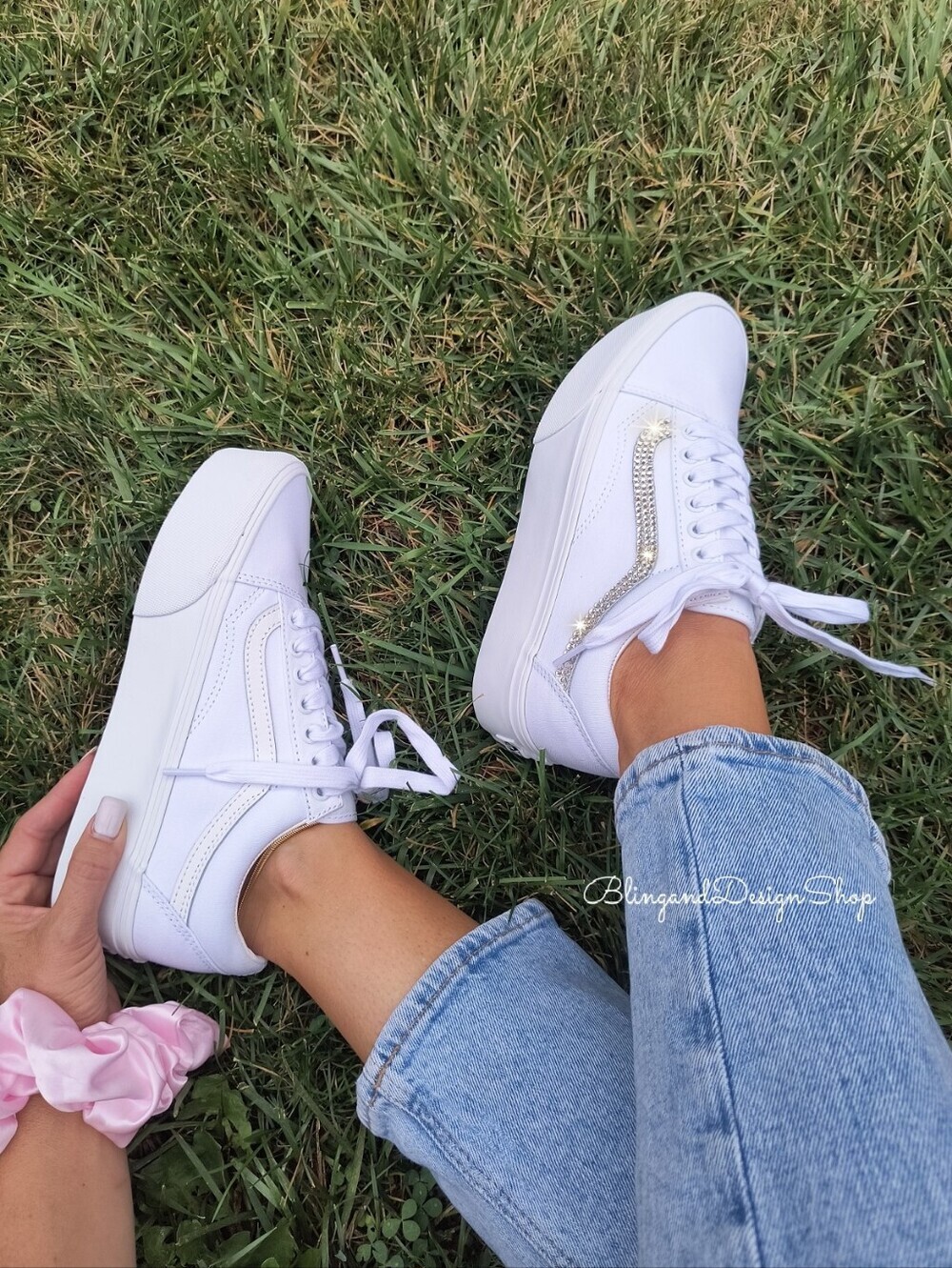 Womens Vans Platform Old Skool White Sneakers Customized with Swarovski Crystals